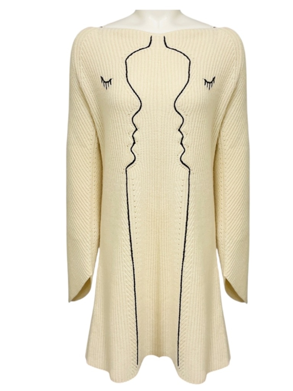 VIVETTA IVORY / BLACK LONG SLEEVED WOOL AND CASHMERE KNIT SWEATER DRESS
